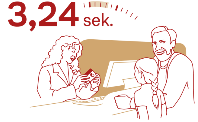 Ilustracija prikazuje ženu kako govori s djetetom i odraslom osobom pored pulta. Na vrhu su brojevi "3,24 sek." koji sugeriraju mjerenje vremena. Pozadina je jednostavna, naglašavajući interakciju među likovima.
