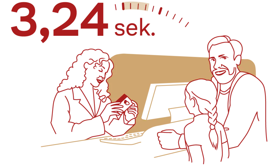 Ilustracija prikazuje ženu kako govori s djetetom i odraslom osobom pored pulta. Na vrhu su brojevi "3,24 sek." koji sugeriraju mjerenje vremena. Pozadina je jednostavna, naglašavajući interakciju među likovima.